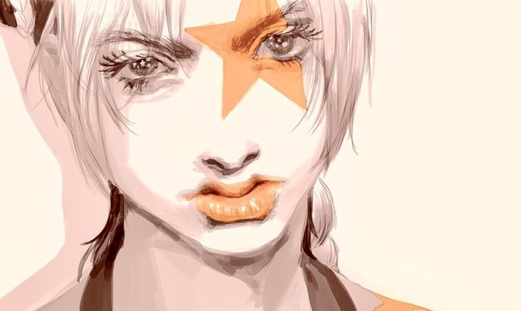 a closeup digital art portrait of a woman with pink hair and a large yellow star covering her left eye, a part of her hair is covering her right eye, she is wearing dark eyeliner, her lips are parted in a slight smile, and she is looking at the viewer, she is wearing a casual light brown outfit and the background is a soft beige.