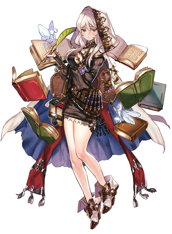 an anime girl with long white hair is wearing a purple robe with a hood over her head, she is holding a sword and writing in a book with magic around her. she is surrounded by books flying around her. she is wearing boots with buckles on them. there are two fairies with wings flying near her as well.