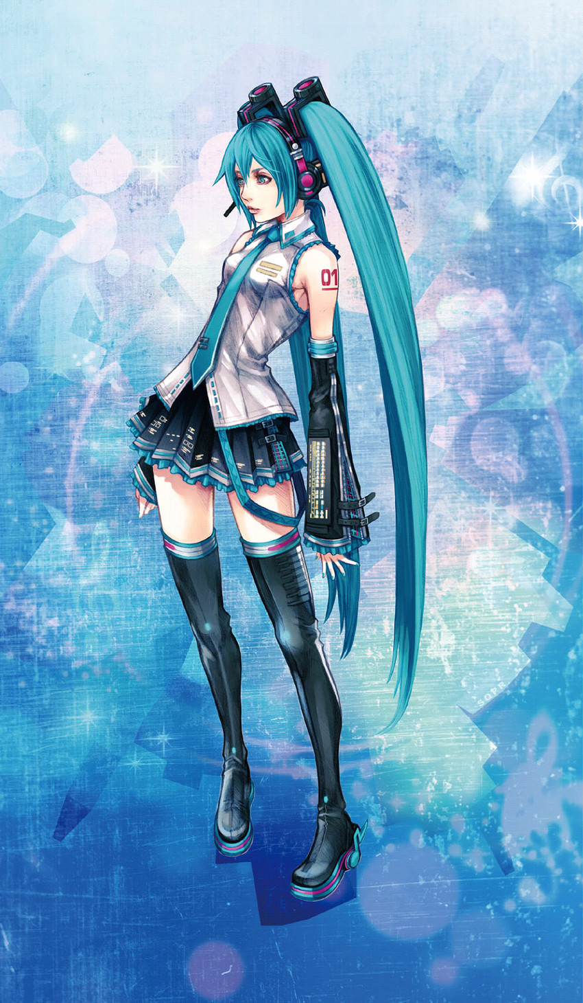 the image showcases hatsune miku, a popular vocaloid character, in a dynamic pose against a vibrant blue, abstract background. she is depicted in her signature outfit featuring a white and teal dress, black thighhigh boots, and futuristic headphones. her iconic long, turquoise pigtails flow behind her, adding to the energy of the composition.  the soft lighting emphasizes her figure and creates a sense of depth. the low camera angle provides a sense of power and presence to the character.