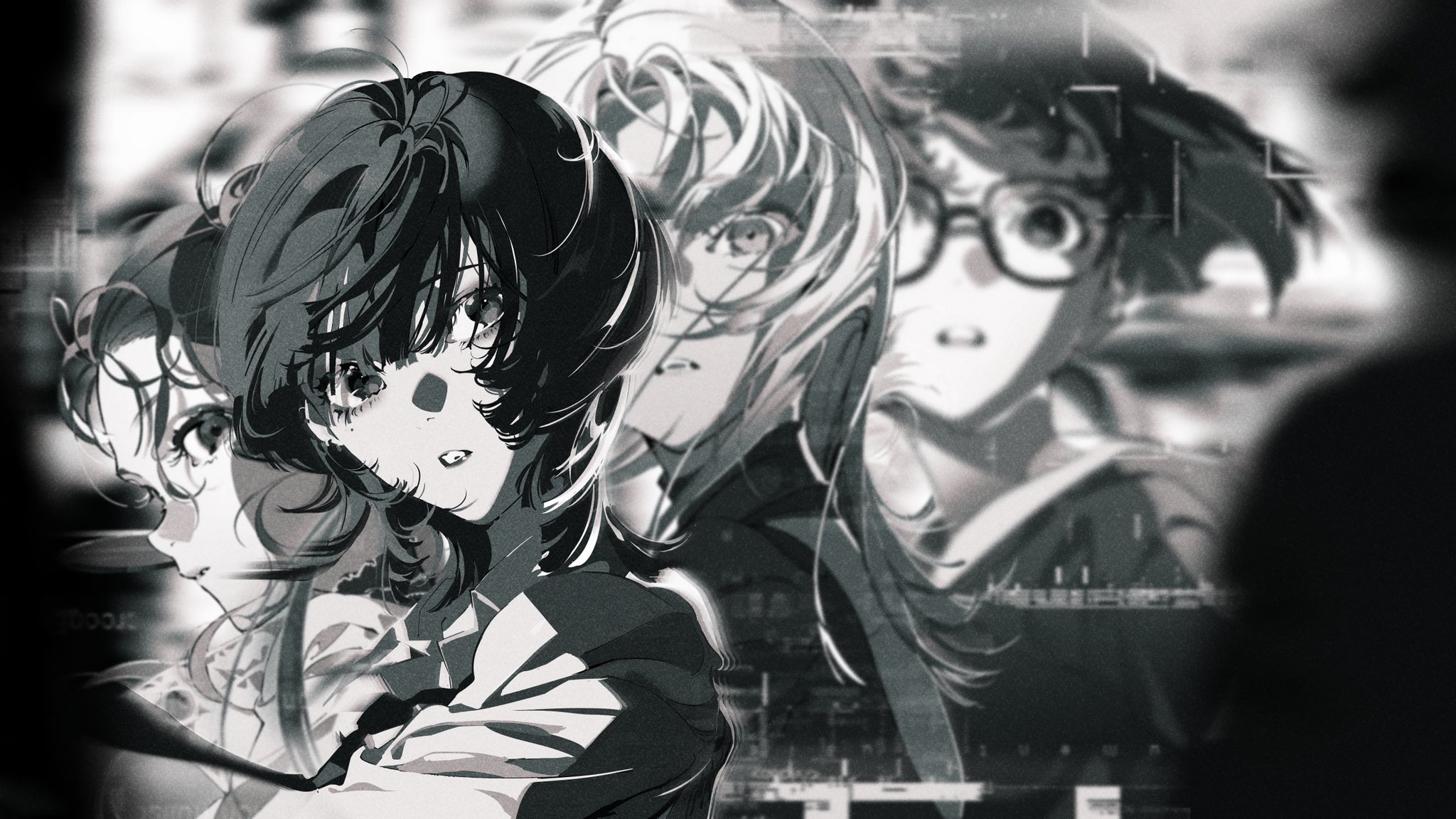 a black and white illustration of four women in a digital style.  the image is faded in the background and more defined in the foreground. the women are all facing the viewer with the most prominent woman being in the foreground. they are all standing close together and look to be friends. the woman in the foreground has her hand on the shoulder of another woman. the art style is realistic but has digital lines and shading.