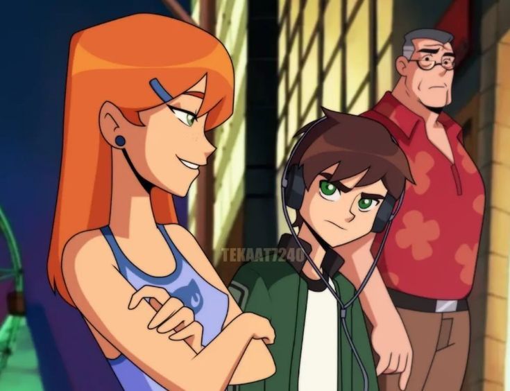 the image is a stylized fanart depicting three main characters from the ben 10 reboot: gwen tennyson (a teenage girl with orange hair), ben tennyson (a boy with green eyes), and grandpa max tennyson (an elderly man).  gwen is confidently crossarmed, sporting a smirk, while ben stands beside her, wearing headphones. grandpa max is in the background, seemingly observing them.  the setting appears to be a city street at night.  the art style is vibrant and cartoonish, with bold lines and colors.  the overall feel is a dynamic portrayal of the characters' personalities.