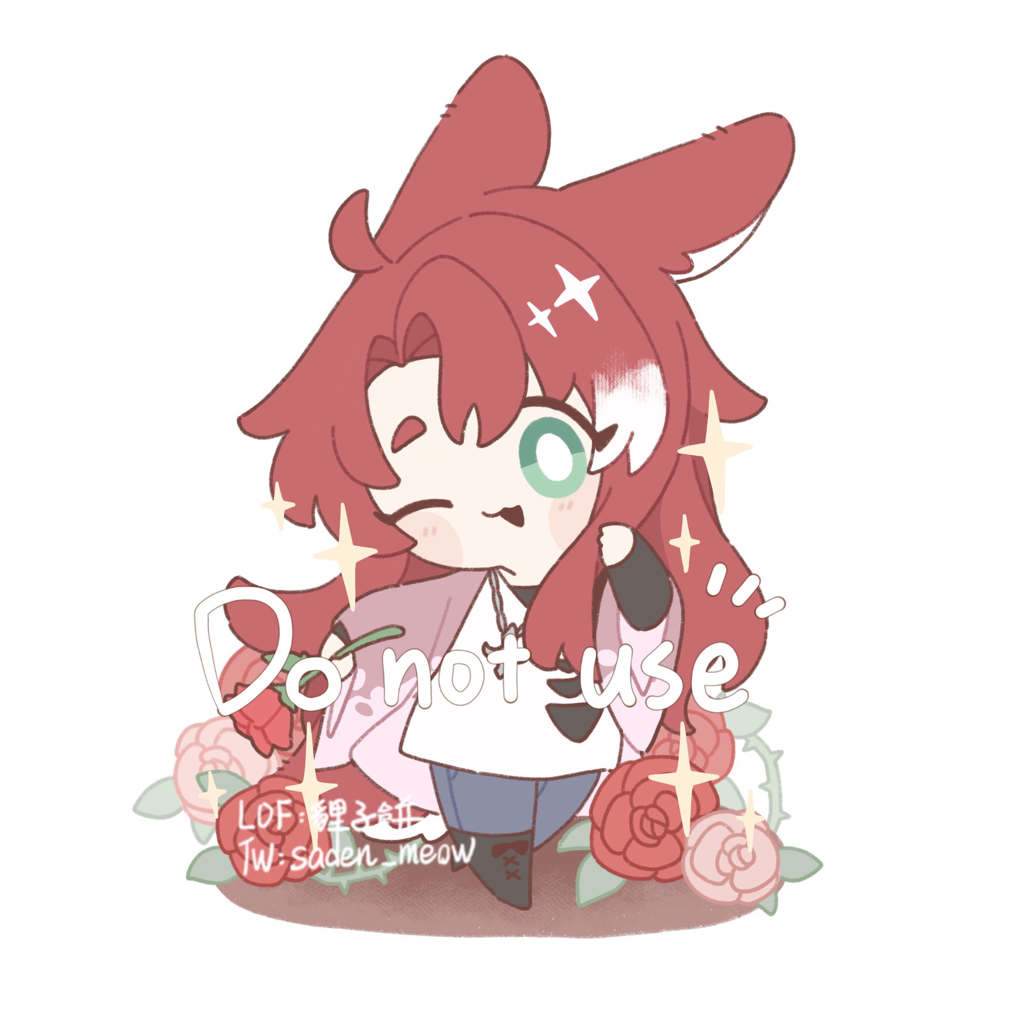 the image is a digital drawing of a cute chibistyle anime girl. she has long, vibrant red hair styled with bunny ears,  large expressive green eyes, and is wearing a pink and white outfit.  she's holding a red rose and is surrounded by more roses. the art style is soft and pasteltoned, creating an overall adorable and kawaii feel.  a watermark clearly states "do not use" along with the artist's signature including "lof" and "tw: saden_meow".