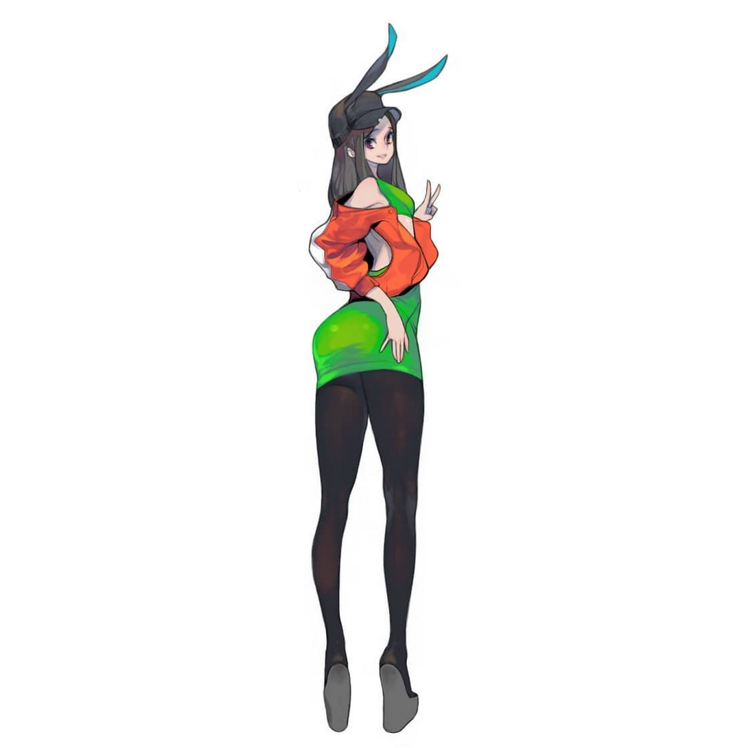 a stylish anime girl is depicted in a fullbody portrait.  she exudes confidence and a playful charm. her attire is a vibrant mix of colors. she wears a trendy orange jacket paired with a formfitting green dress, black tights, and sleek heels. a black cap with bunny ears adds a touch of whimsy to her look. her long, dark hair cascades down her back, framing her face. the girl flashes a peace sign, further enhancing her cool and approachable aura.  the illustration is beautifully rendered with digital artistry, showcasing meticulous attention to detail.