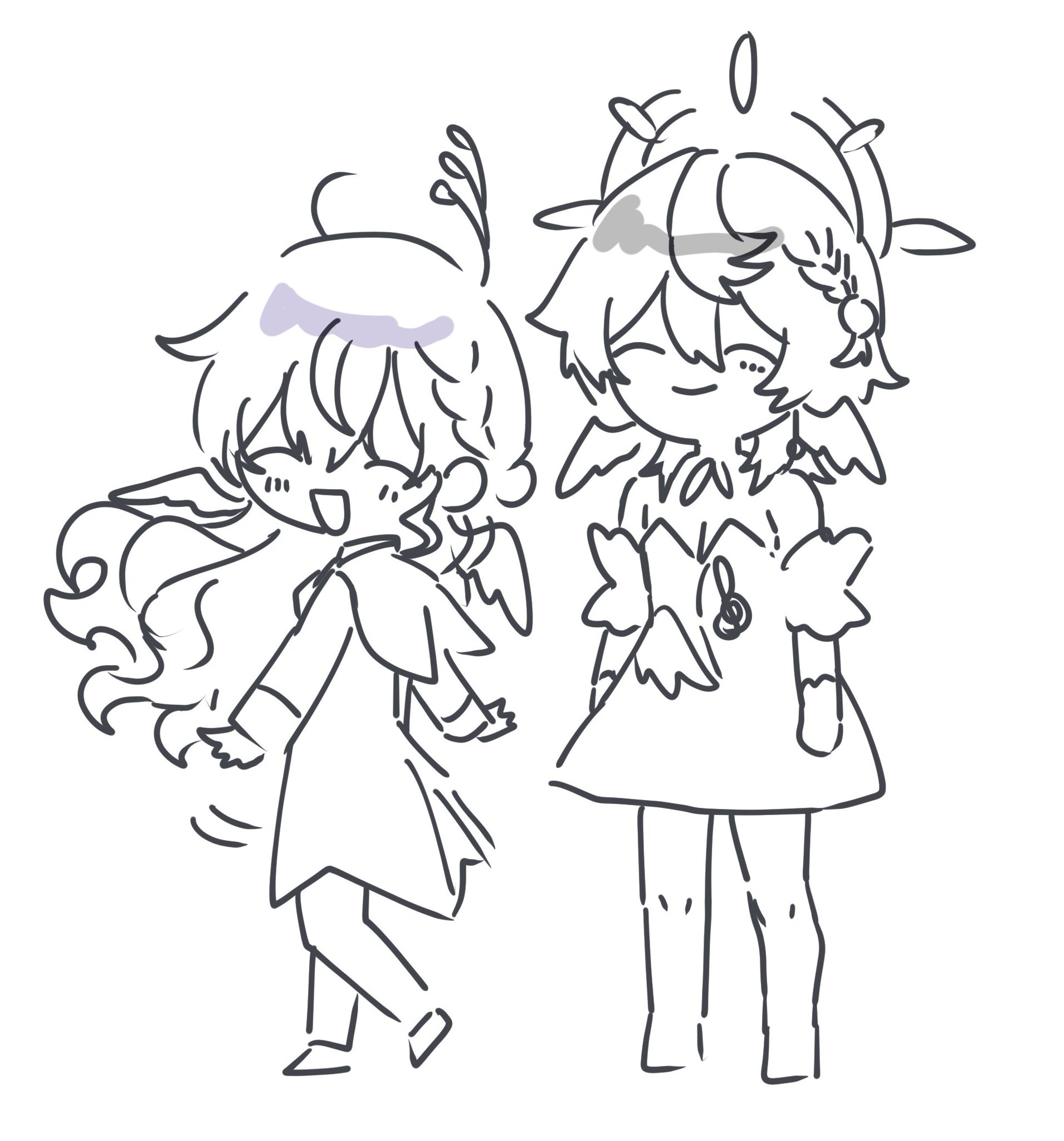 a black and white drawing of two anime girls with wings and smiles, one is facing left and the other is facing right. they are drawn with a cartoon style. the drawing is done in a sketch style.