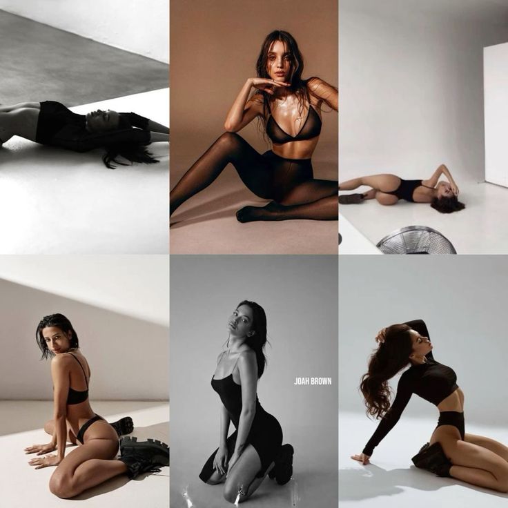 the image is a collage featuring six different photographs of the same model, joah brown, in various poses. each photo showcases her in different black lingerie or body suits against varying backdrops and lighting conditions.  some photos are in black and white, others in color. the poses range from lying down to sitting and kneeling, highlighting different aspects of her figure and style. the overall aesthetic is sensual and fashionforward, clearly a collection of professional photographs, likely from a photoshoot. one image includes the model's name.