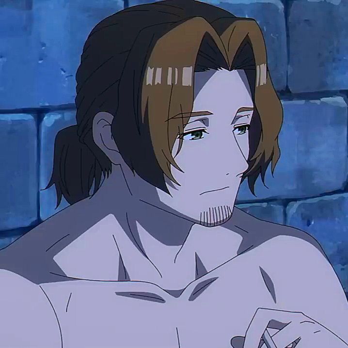 he image shows a closeup of an anime man with brown hair tied back and green eyes. he has a goatee and appears to be shirtless, showcasing a muscular physique. he holds a contemplative expression with a slight frown, suggesting deep thought or sadness. the setting appears to be indoors with a somber blue background reminiscent of a stone wall, further enhancing the melancholic atmosphere. the dim lighting casts soft shadows, adding to the overall mood of the image.