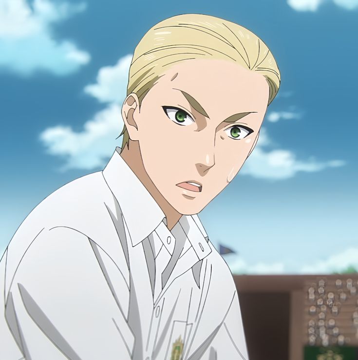 this image is a closeup of an anime character. the character is a young man with blond hair and green eyes. he is wearing a white shirt and appears to be serious or concerned. the image is set against a background of a cloudy sky.