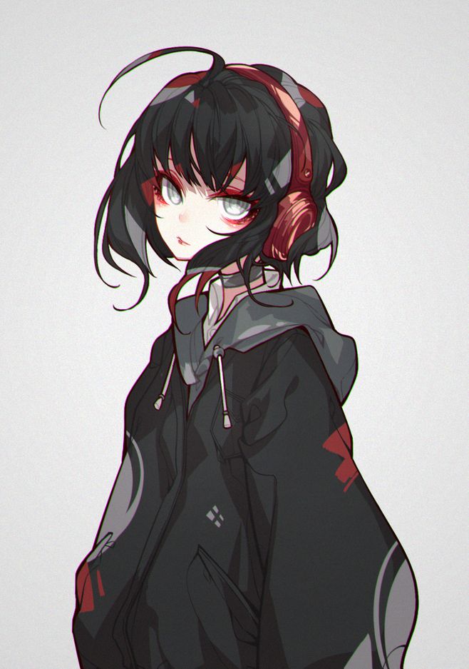 the image features a digital drawing of an anime girl. the girl has long black hair, red eyes, and wears black headphones. she's wearing a black jacket with a hood and a white shirt underneath. the background is white.