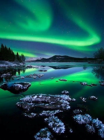 a breathtaking view of the aurora borealis, or northern lights, dancing across the night sky above a serene lake. the vivid green lights are reflected in the calm waters, creating a mesmerizing spectacle. the landscape is framed by dark mountains and a scattering of trees, adding to the feeling of isolation and tranquility. the scene is truly magical, evoking a sense of wonder and awe at the beauty of the natural world.