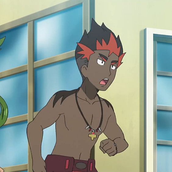 the image shows a male cartoon character with brown skin and spiky red hair. he appears to be running, with his mouth open as if in the middle of speaking. he is shirtless, wearing only red board shorts and a brown necklace with a gold pendant. he is positioned within a building, with a window and a door visible in the background. the scene is welllit, suggesting daytime and sunny weather.