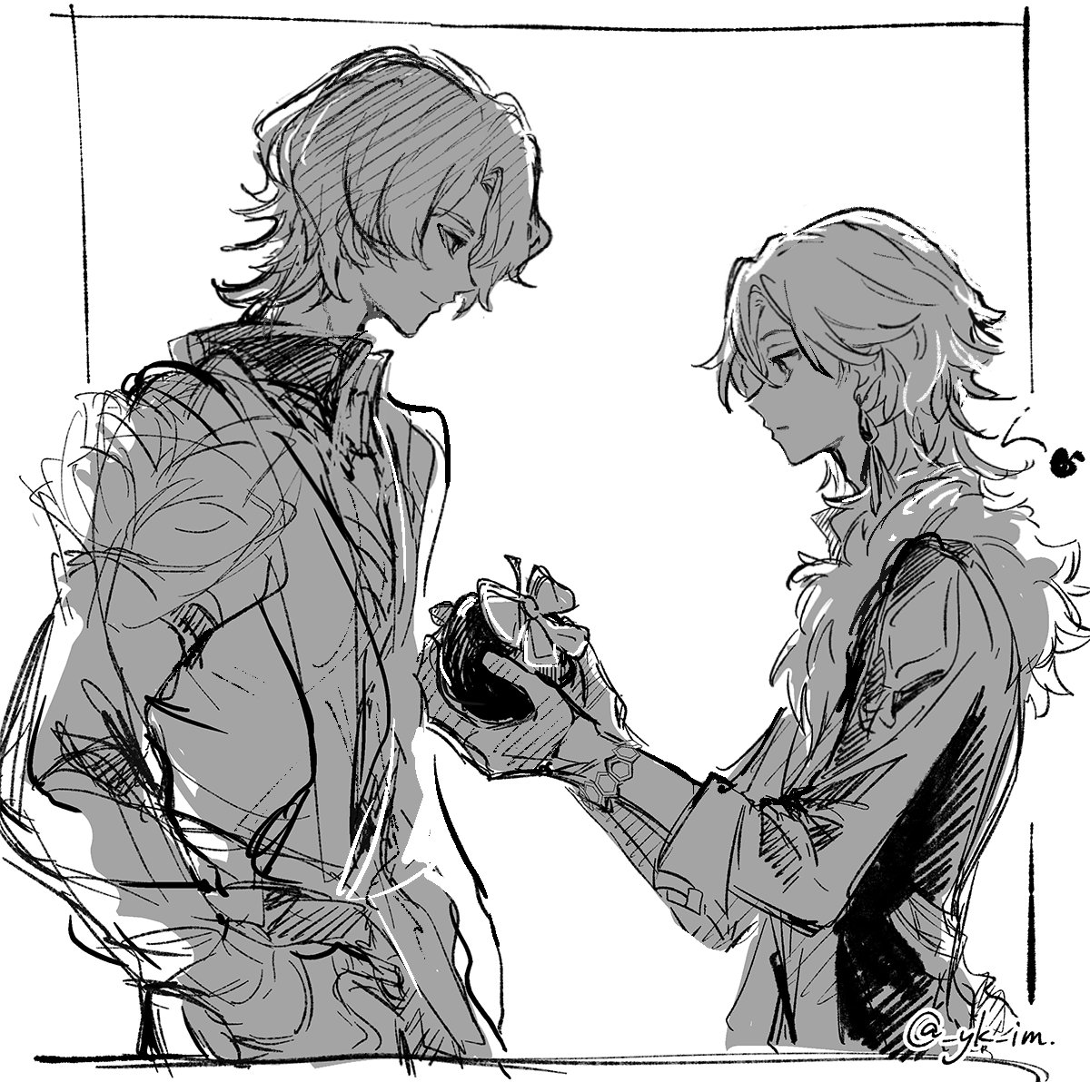 the image is a black and white sketch or drawing, possibly fanart, depicting two animestyle male characters.  one character, with slightly longer, wavy hair, is receiving a small, wrapped gift from the other.  the giver has shorter, more styled hair. both characters are dressed in elaborate, seemingly stylized clothing. the style is expressive and somewhat loose, indicative of a quick sketch or a personal illustration. the overall mood is intimate and suggests a close relationship or romantic gesture between the two characters.  the detail is focused more on the figures and their interaction than on intricate background elements. the style leans towards manga or anime.