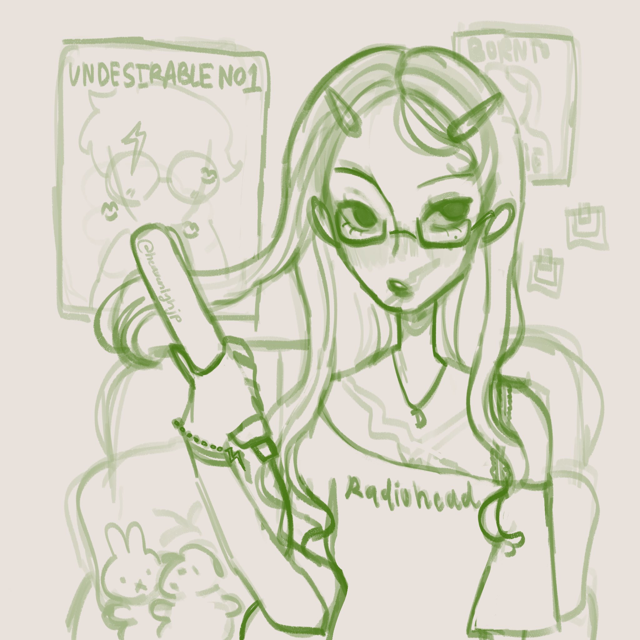 a drawing of an anime girl with long hair wearing glasses and a radiohead tshirt. the girl is holding a hair straightener. the background is a sketch of a poster with the words "undesirable no. 1" on it.