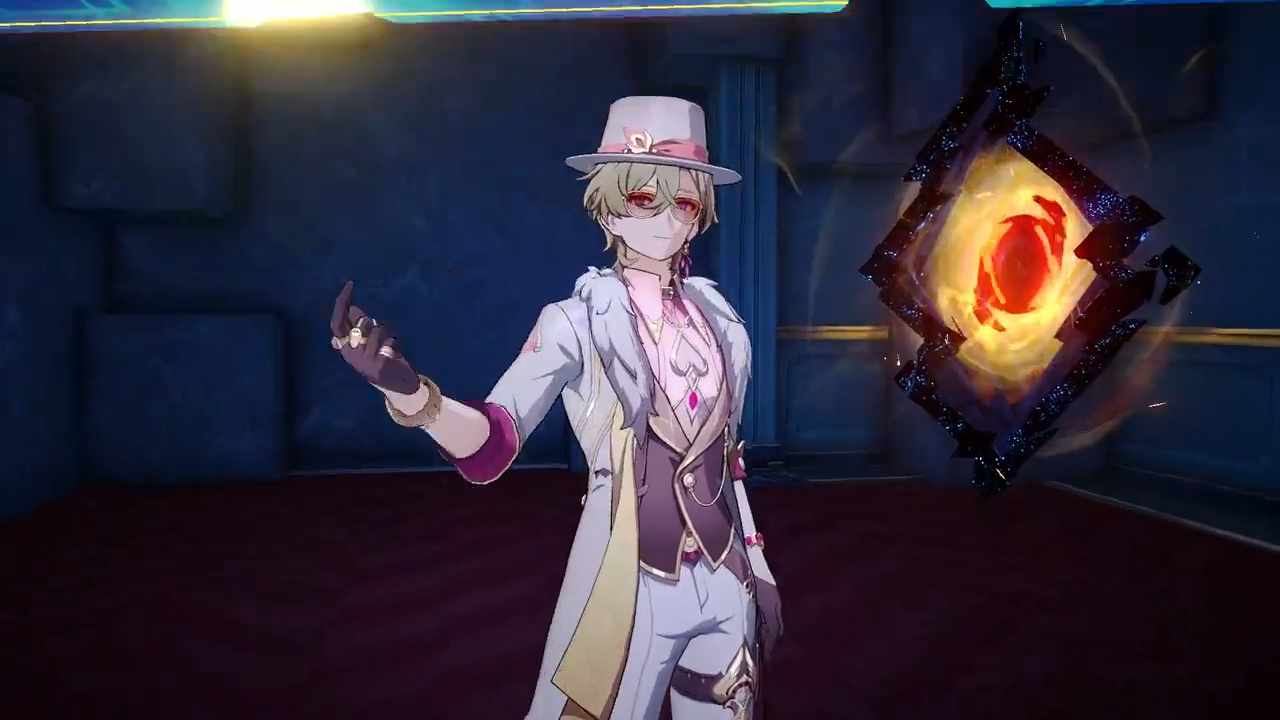 a screenshot from genshin impact shows a male character with white hair standing in a room. he is wearing a white coat with a purple vest and light blue pants. he is also wearing a black hat with a pink band. he has dark eyes and glasses and a  red jewel necklace. he has his right arm outstretched with his hand curled, and his other hand is on his hip. in front of him, a magic circle of red, orange, and purple light is rotating.  the floor is red and the walls are dark blue.