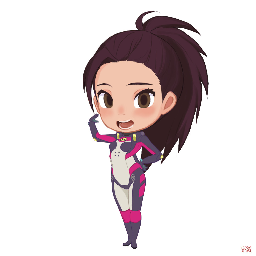 chibistyle illustration of momo yaoyorozu from my hero academia in her hero costume, standing against a white background. she is striking a confident pose with a smile and sparkling eyes.