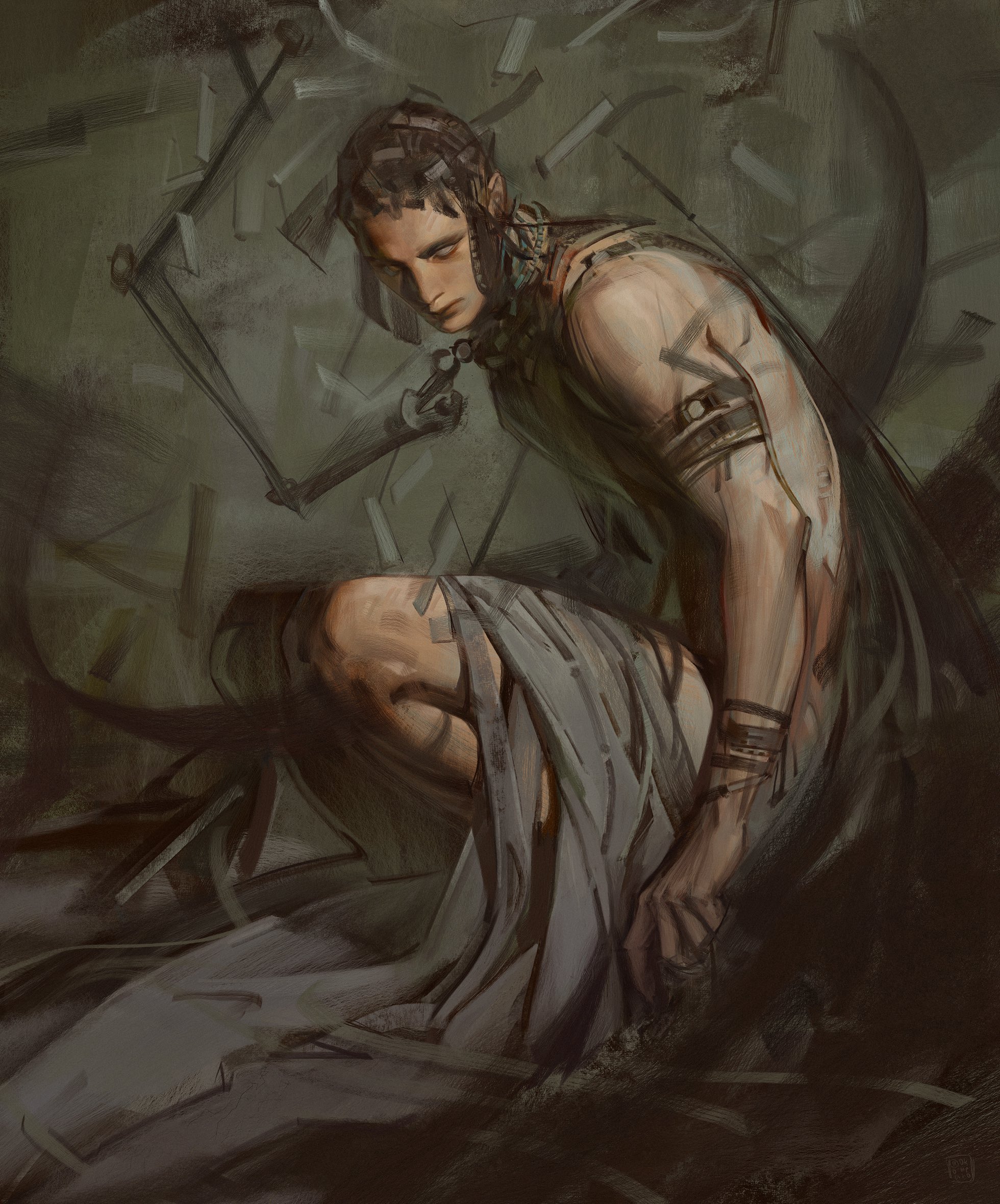 the image is a digital painting depicting a male figure, possibly a cyborg or humanoid with mechanical elements, in a crouched, contemplative pose. he appears to be partially clothed in draped, lightgrey fabric. his body is lean and muscular, showing signs of wear and possibly damage.  the background is a chaotic blend of muted greys and greens, suggestive of broken fragments or debris, creating a mysterious and postapocalyptic atmosphere. one arm seems partially mechanical, adding to the cyborglike quality. the overall style is dark, atmospheric, and emotionally charged, with a focus on detail and texture. the character’s expression is one of pensive sorrow or contemplation, enhancing the dramatic mood of the artwork.