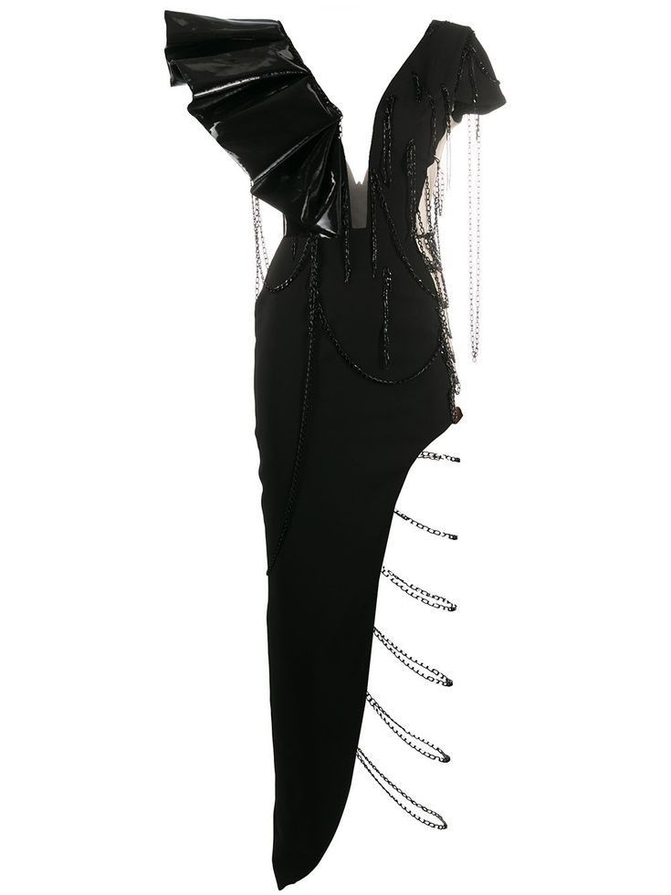 a striking, asymmetrical black dress with a daring design is showcased. the dress features a deep vneckline and a dramatic bat winglike structure on one shoulder, constructed from what appears to be glossy leather or a similar material. the dress is adorned with chains that drape from the neckline, along the bodice, and extend down the side, creating a visually arresting effect. the hemline is asymmetrical, with a long, trailing panel on one side adding to the garment's dramatic flair.