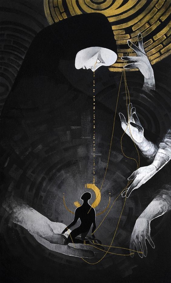 the image is a painting that depicts a woman in a dark cloak holding a puppet. the woman's face is obscured by the cloak, but her hand reaches out to hold a string that is connected to the puppet. the puppet is a small, black figure that is being manipulated by the woman. the background is a dark, abstract design that suggests that the woman is in a state of despair or loneliness.
