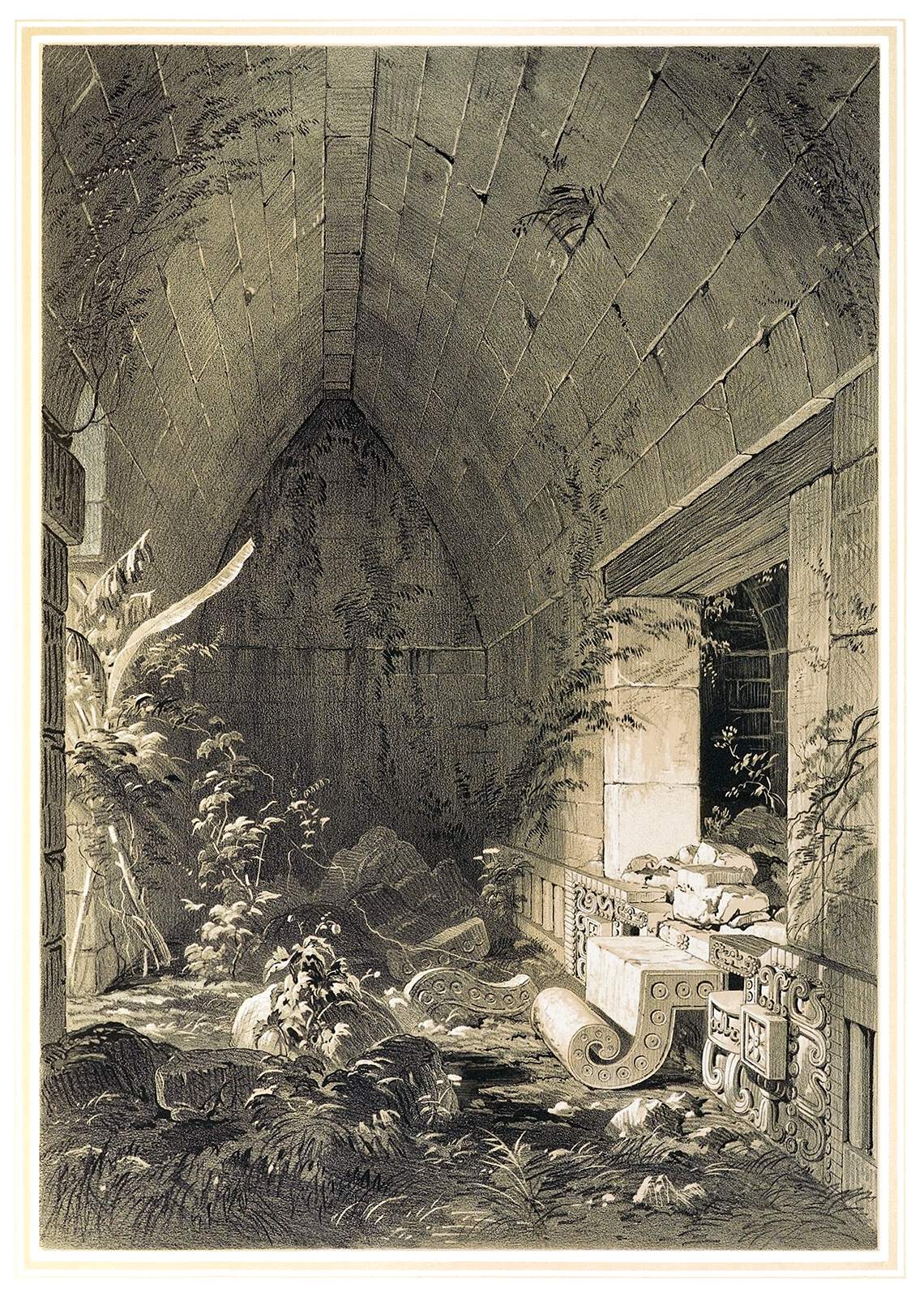 an illustration depicts the interior and exterior of an ancient, overgrown stone temple. the architecture features a vaulted ceiling and archway, with decorative stone elements scattered around. vegetation is abundant, suggesting the temple is located in a jungle or tropical environment. the drawing is monochrome, emphasizing the texture and detail of the stone and plants. a partial view of the temple's exterior with a column is visible, further illustrating the intricate design of the structure.