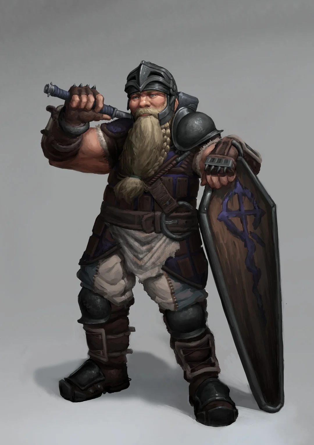 a digital painting of a dwarven warrior clad in plate armor stands against a light gray background. the dwarf is stout and muscular, his long beard and mustache a testament to his age and experience.  he wears a dented helmet and carries a large battleaxe over his shoulder.  a wooden shield adorned with a dark metal rim and accents is slung on his other arm.  the overall palette is muted and somewhat dark, conveying a sense of grit and realism.