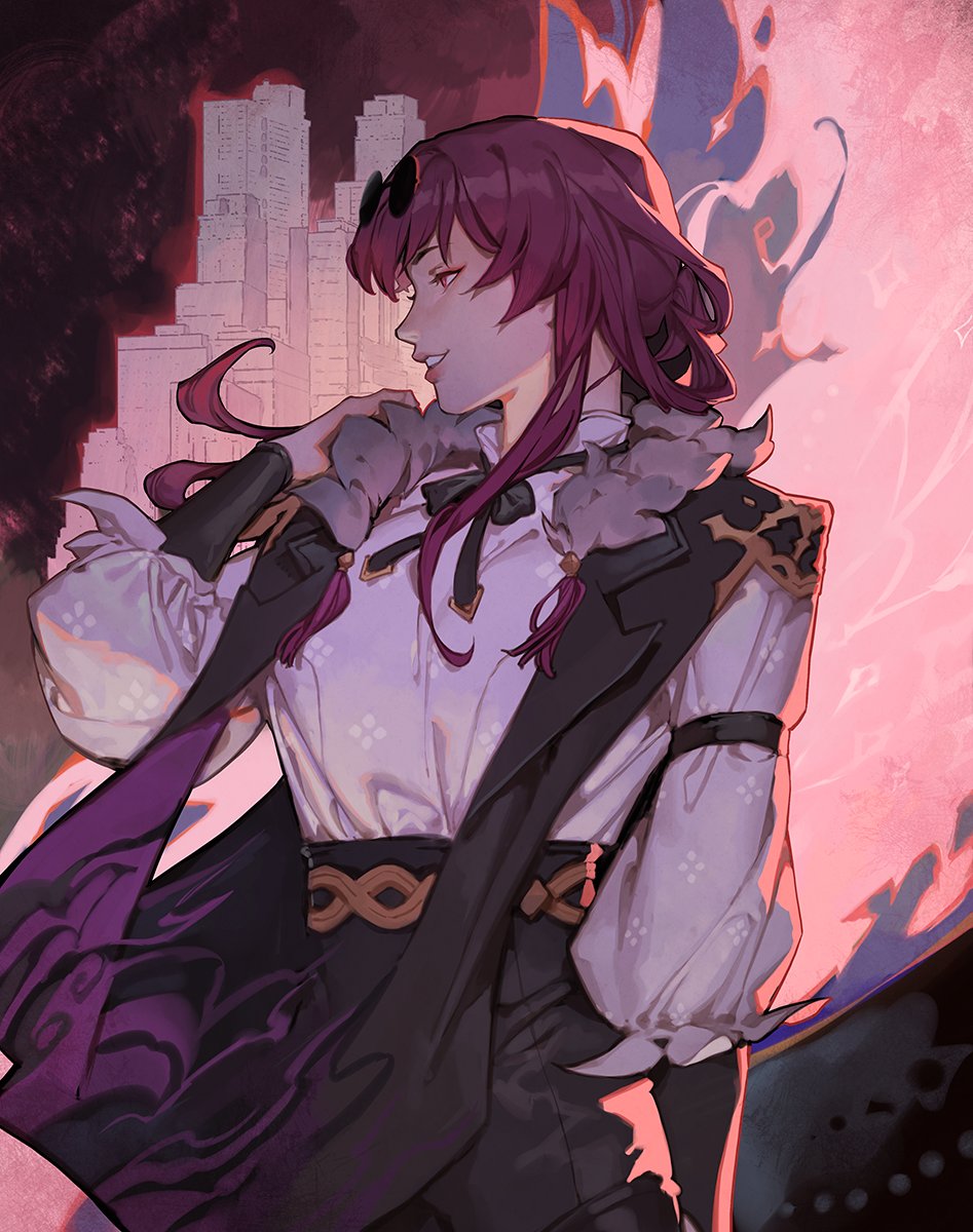 an animestyle illustration of a character with burgundy hair, wearing a white shirt, black coat with fur trim, and dark purple accents, set against a cityscape and pink background. the character has a confident and mischievous smile, conveying a villainous persona. the lighting creates dramatic shadows, emphasizing their features and clothing.