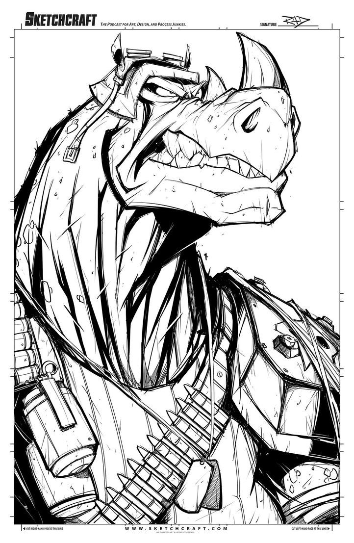 a black and white illustration of a futuristic soldier in armor, wielding a gun and carrying a belt full of ammo. the soldier is a creature with sharp features and a large mouth, possibly a monster or an alien. this appears to be a comic book illustration.