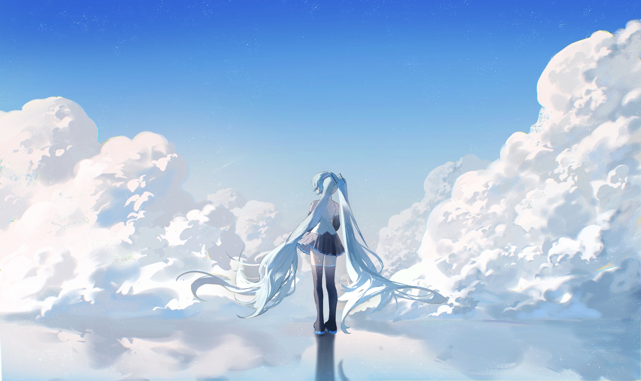 the image is a digital painting of hatsune miku, a popular japanese virtual singer, standing on a cloud landscape. she is facing away from the viewer, with her long, bright blue hair flowing behind her. the sky is a clear blue, dotted with small stars, and the clouds are fluffy and white. the overall mood is serene and peaceful, with a soft, ethereal quality. the art style is dreamy and magical, with soft colors and light.