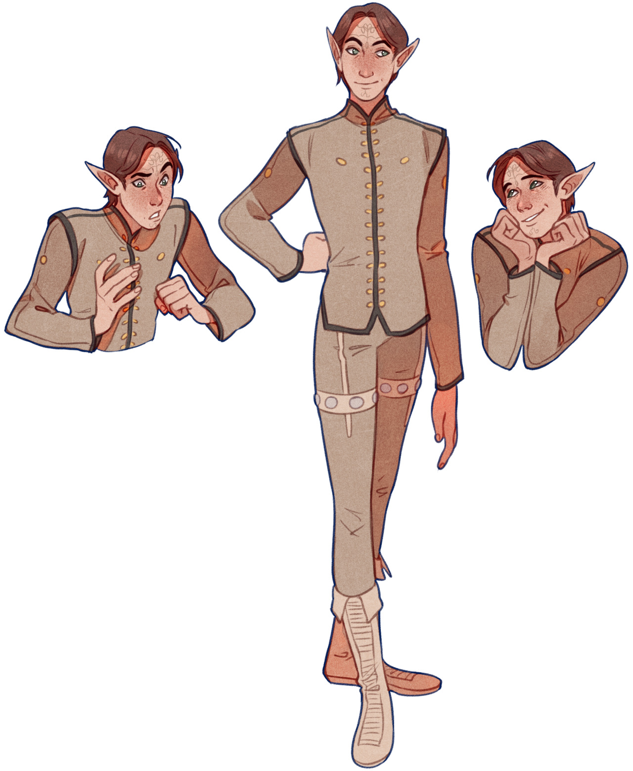 a digital illustration of an elf man in three different poses. the illustration showcases a character design with a focus on clothing details.