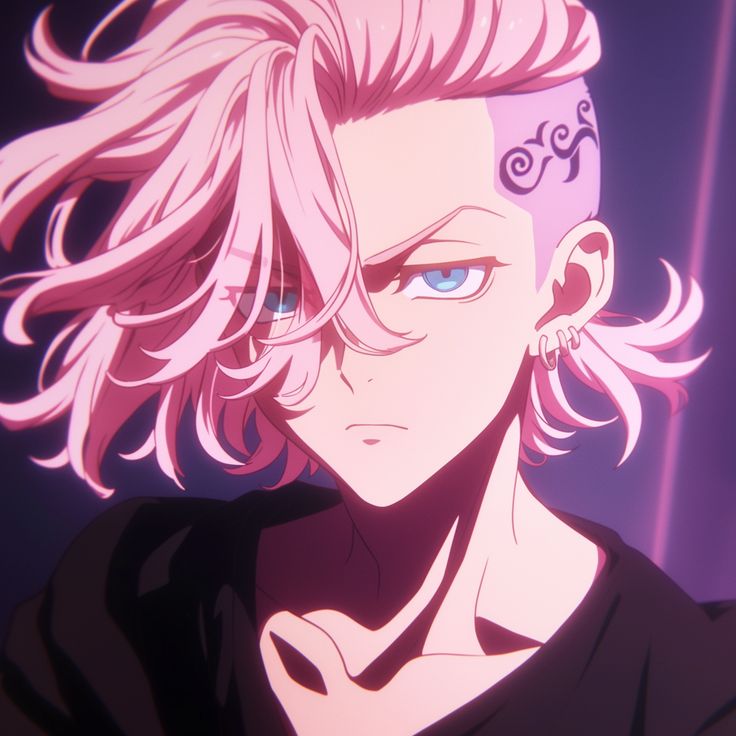 the image is a closeup portrait of an animestyle young man with vibrant pink hair styled into a unique undercut with a shaved side featuring a stylized, swirling tattoo. he has striking blue eyes and a serious, almost intense expression. he's wearing earrings and a darkcolored shirt. the background is dark with streaks of neonlike purple and pink light, enhancing the dramatic mood. the overall style is sharp, edgy, and stylish, typical of modern anime character design.  the image is likely a still from an anime series or a promotional image for one.