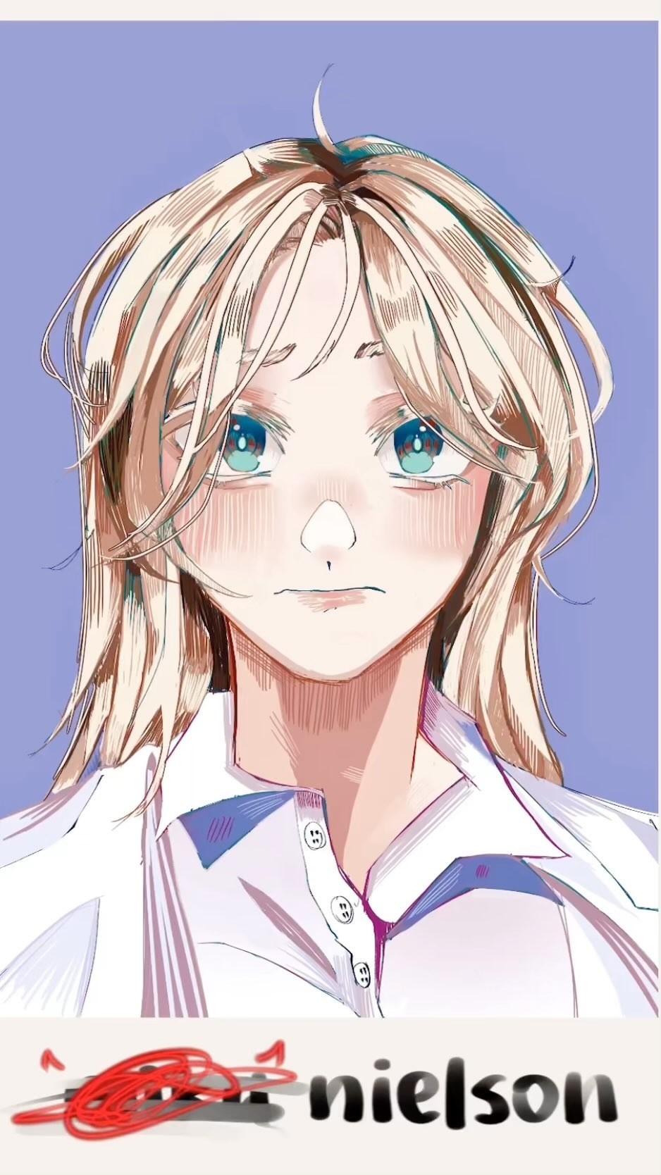 the image is a digital drawing or illustration in an anime/manga style. it depicts a young woman with long, blonde hair, pale skin, and expressive blue eyes.  she has a slight blush on her cheeks and appears to have a somewhat pensive or melancholic expression.  she is wearing a lightcolored collared shirt. the background is a soft light purple.  the image is clean and welldrawn, with attention to detail in the hair and facial features. a watermark or signature of "nielson" is partially visible at the bottom of the image.