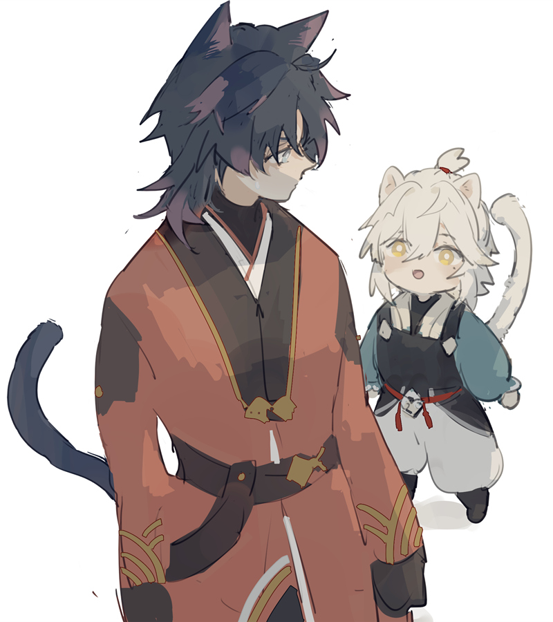 the image is an animestyle illustration of two characters. the character on the left is a young man with black hair and cat ears. he is wearing red and black clothing and has a black cat tail. he is looking to the right and appears to be smiling. the character on the right is a young girl with white hair and cat ears. she is wearing blue and black clothing and has a white cat tail. she is looking to the left and appears to be smiling. the two characters are standing close to each other and appear to be friends. the background is a simple white color.