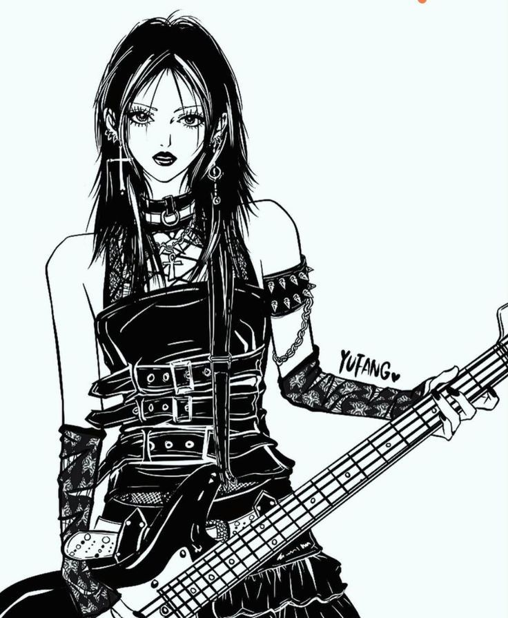 a black and white illustration of a young female anime character with long, dark hair in a punk rock style outfit. she's holding a bass guitar, and has an expression that is both intense and confident. her attire is studded and laced up, with belts and buckles accenting her outfit. her accessories include large silver cross earrings, a choker necklace, and fingerless gloves adorned with detailed patterns. the background is a simple light blue, allowing the character and her guitar to be the focus of the illustration. the overall aesthetic is cool and edgy, capturing the rebellious spirit of a rockstar.