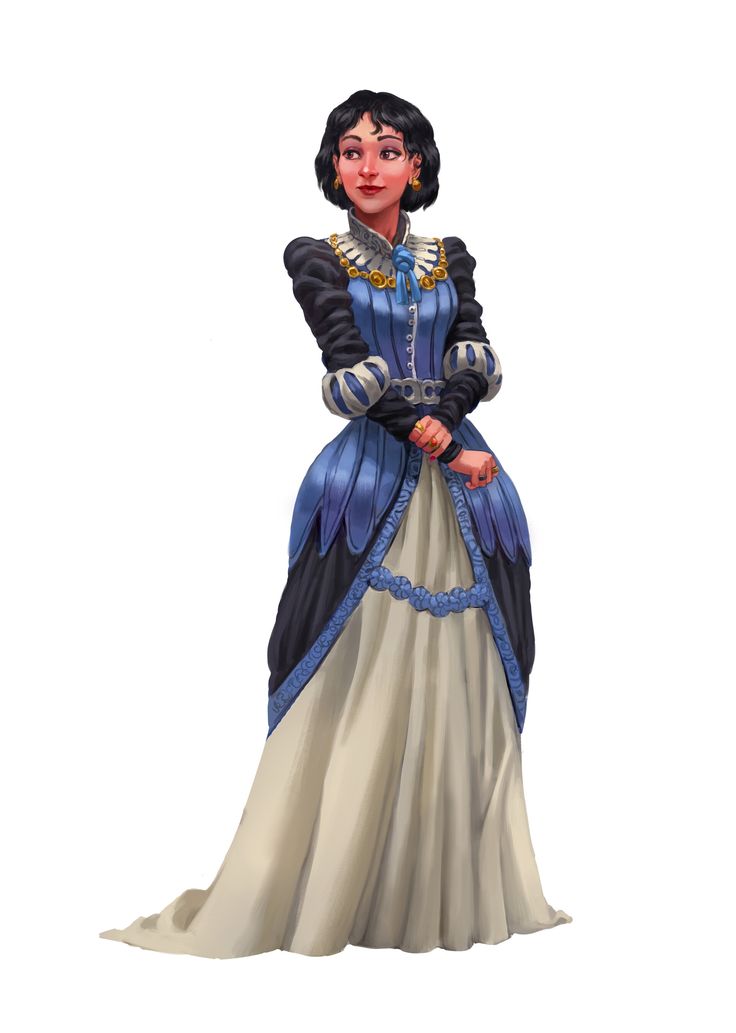 a digital painting of a woman in a beautiful medieval or renaissancestyle gown. she has dark hair styled in a bob and is wearing a blue and beige dress with gold jewelry.  her expression is calm and she stands with her arms folded across her chest. the style of the painting is illustrative and fantasybased.  the background is plain white.