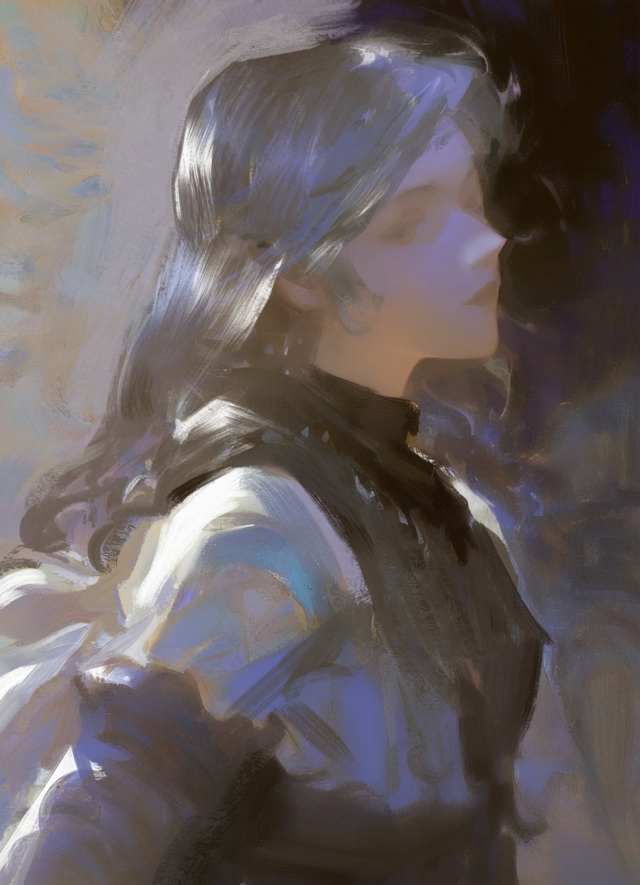a digital painting of a woman with long dark hair. her face is turned away from the viewer and her eyes are closed. the woman is wearing a dark blue or black dress with a white collar. the background of the painting is a soft blur of light and dark colors. the painting is done in a dreamlike and ethereal style, with brushstrokes creating a sense of movement and texture.