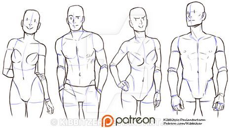 the image displays four line drawings of human figures, two male and two female, showcasing various poses.  each figure is depicted in a simplified style, utilizing basic shapes and lines to illustrate underlying anatomy and structure.  the style is clean and easy to follow, suitable for artists learning about figure drawing or seeking pose references.  a patreon logo is included, indicating the source likely provides additional tutorials or art resources.  the artist's name, kibbitzer, is also present, along with links to their deviantart and patreon pages.  the figures are drawn from different angles and demonstrate a range of body types and poses, helpful for character design and figure studies.