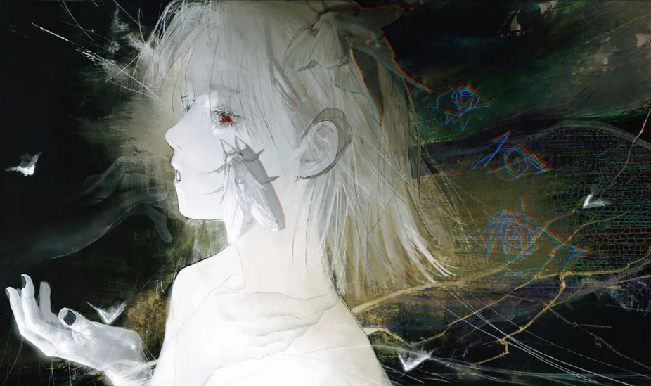 a digital art piece depicts a young anime girl with white hair and red eyes. she has a moth on her cheek, and her background is a mix of black and white with abstract shapes and wings. the artwork has a psychedelic and surreal aesthetic.
