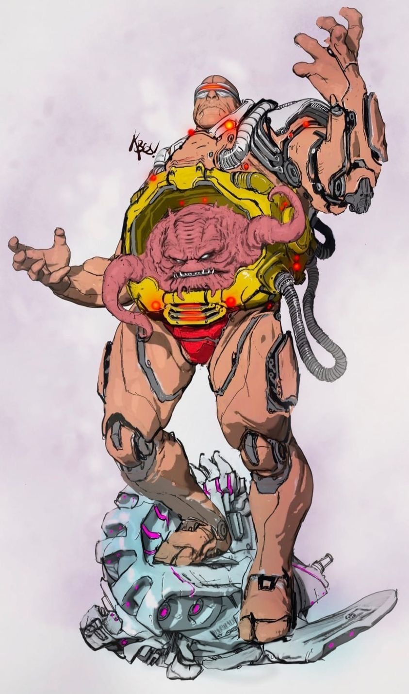 illustration of krang, the villain from teenage mutant ninja turtles, in his android body standing on the wreckage of a vehicle. krang is a brainlike alien with tentacles, situated in the central section of the humanoid robot body. the android has muscular limbs, a yellow and grey torso with a red undergarment, and a bald, humanlike head with a visor.