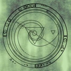 the image features a complex occult symbol consisting of concentric circles containing geometric shapes, symbols, and what appears to be a spiral. a triangle is prominently displayed in the center, with another smaller triangle offset to the right. the entire design is rendered in a monochromatic style, possibly black lines against a muted green background, evoking a mystical or esoteric feel.