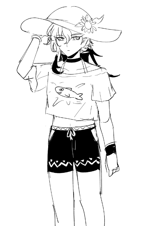 a black and white sketch of an anime girl wearing a summer outfit. she's wearing a crop top with a fish on it, shorts, and a big sunhat.