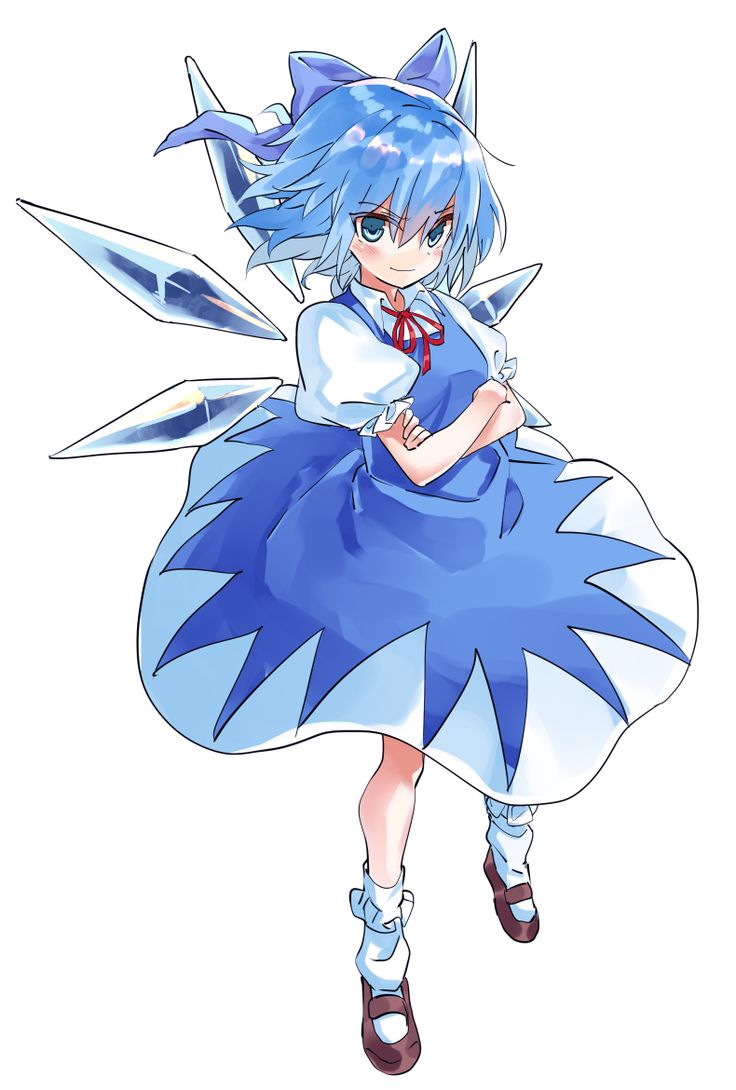 the illustration features a young girl with blue hair and eyes. she is dressed in a blue dress with white accents that resemble ice crystals. the dress flares out dramatically around her. behind her are six large, pointed crystals that resemble wings. her arms are crossed, and she has a determined expression on her face. the background is pure white, and the overall lighting is soft and airy.
