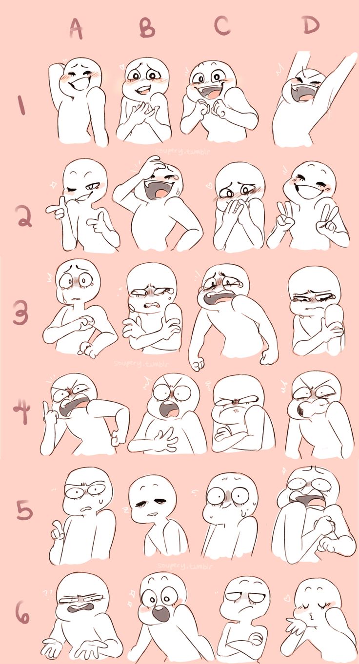this is a drawing base template with different poses and expressions. the base is in anime/manga style and is perfect for creating your own characters. there are 6 rows of 4 different bases. each row has a different expression, such as happy, sad, angry, surprised, etc. the bases are in black and white lineart, with pink blush on the cheeks and a white background.