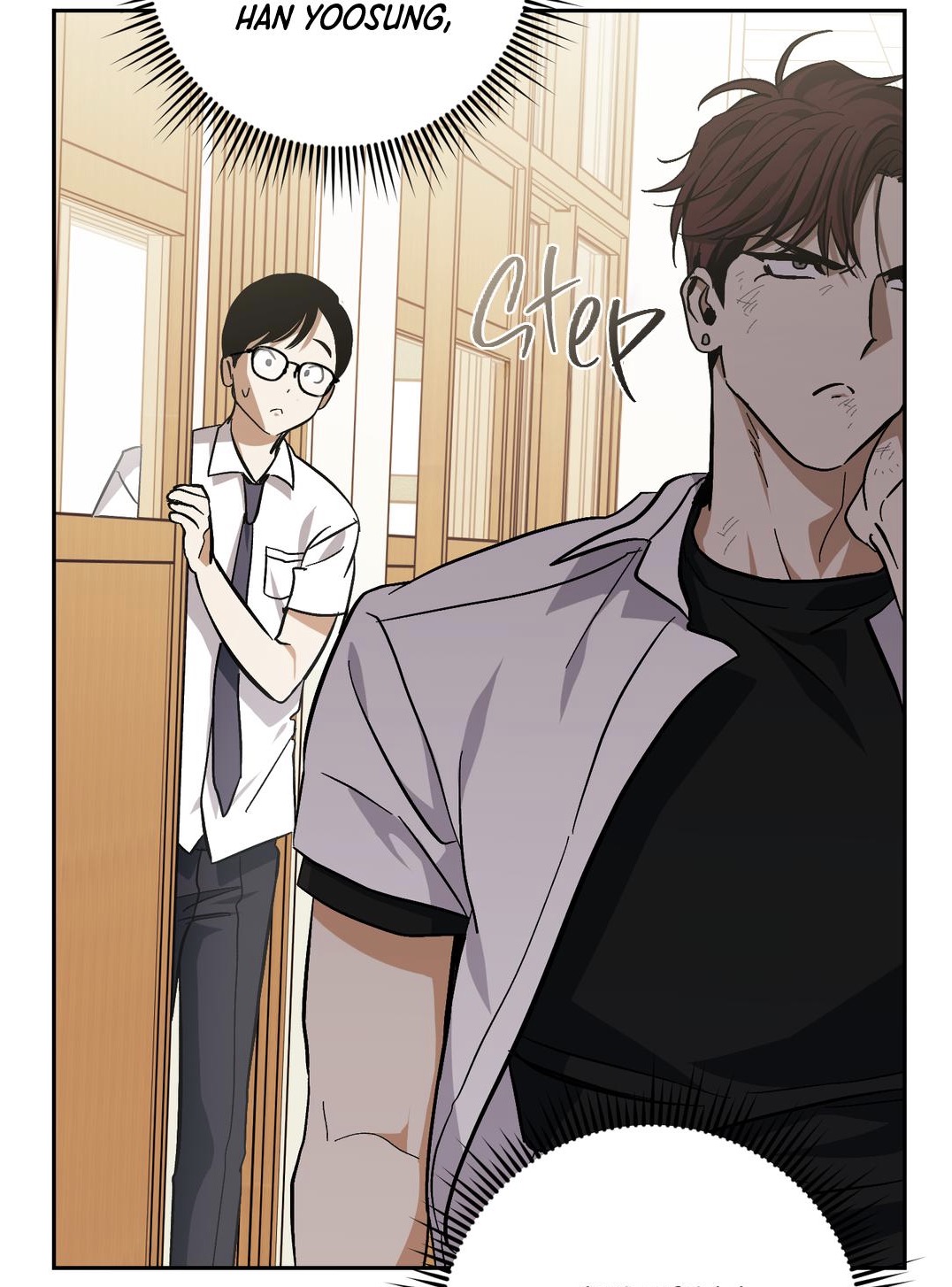 the image is a panel from a manhwa (korean comic). it shows a tense encounter between two male characters in a school hallway. one character, han yoosung, is larger and more muscular, with an angry or concerned expression, while the other is a smaller, nerdylooking student who seems frightened. the word "step" is written dynamically between them, suggesting movement and impending action. the overall atmosphere is dramatic and suggestive of a developing conflict or romantic tension.