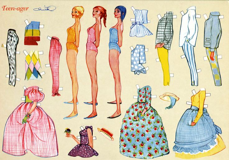 a vintage paper dolls sheet featuring three female figures in swimwear, alongside various clothing items, dresses, and accessories to dress them. the outfits are designed with different patterns, colors and styles, including dresses, trousers, jackets, hats and other accessories. the overall style is retro and illustrative, intended for creative play.