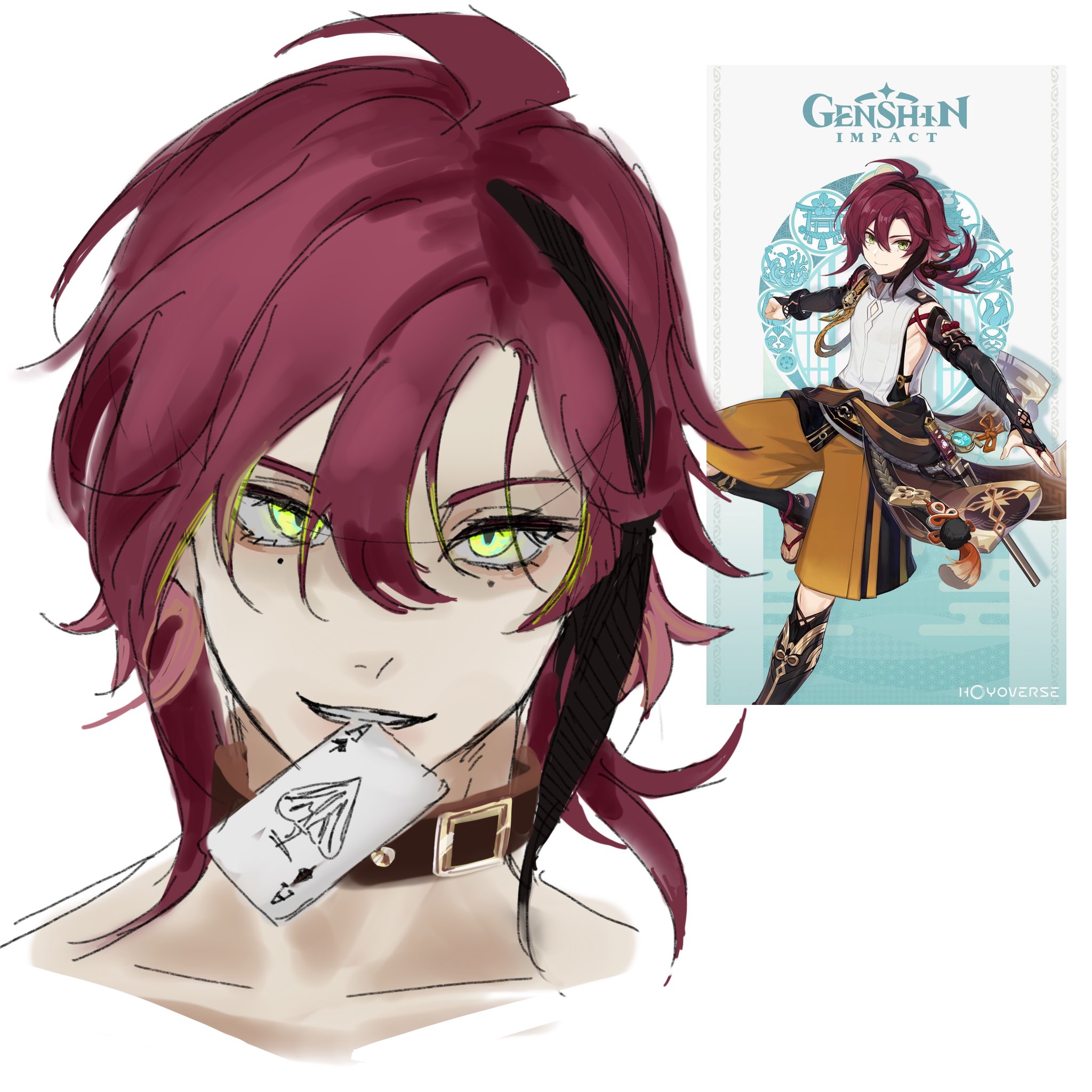 the image presents a digital sketch of cyno, a character from the video game genshin impact, holding a playing card in his mouth and smirking at the viewer. he's drawn with vibrant green eyes and short, choppy, dark reddishbrown hair. cyno wears a dark collar with a silver buckle. a simplified illustration of the character in his official attire from the game is included to the right of the sketch.