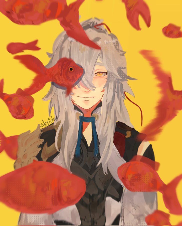 the image is an animestyle illustration of a male character with long white hair and a friendly smile. he is surrounded by red goldfish on a yellow background. the character appears to be in a good mood and the scene is lighthearted and happy.