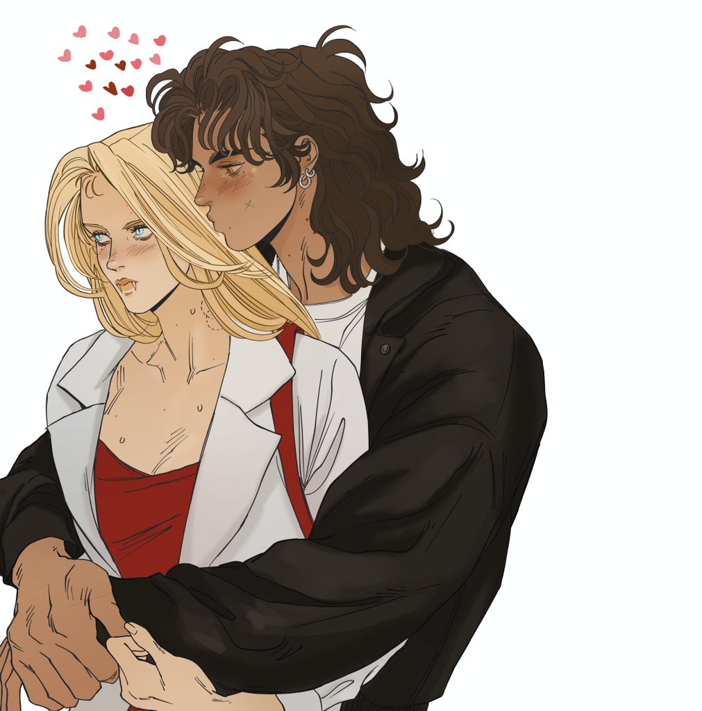 a digital illustration depicts a couple embracing against a white background. above them, a cluster of hearts is visible. the individual on the left has blonde hair and appears to be female, wearing a red top with a white shirt open over it. the person on the right, seemingly male, has long brown hair, a black jacket, and is wearing earrings. the art style is reminiscent of a cartoon.
