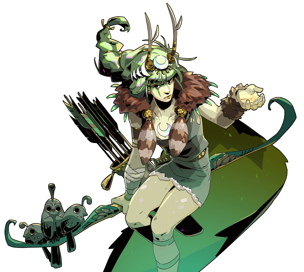 a greenskinned woman with antlers and a crescent moon on her forehead stands in a whimsical pose.  she is holding a bow and arrow, while a group of owls sit on the branch of the bow.  the woman is adorned with fur and feathers, and a green cape behind her, adding to her magical and natureinspired aesthetic.  she appears to be in the middle of a powerful, enchanting moment, emphasizing her mystical and ethereal nature.