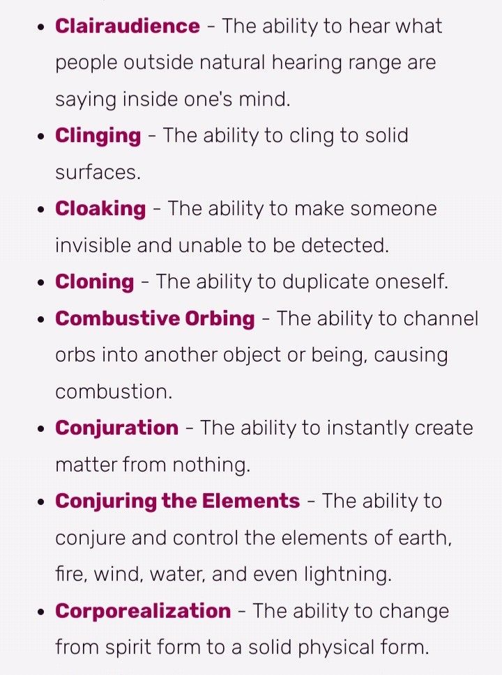 the image shows a list of superpowers or abilities and their descriptions, presented as bullet points. the list includes clairaudience, clinging, cloaking, cloning, combustive orbing, conjuration, conjuring the elements, and corporealization.