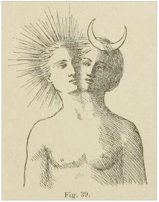 a detailed, antiquestyle pencil drawing of a male figure with two faces.  one side is illuminated by a radiant sunburst, representing day, while the other bears a crescent moon signifying night. this image symbolizes the duality of human nature, the balance between light and darkness, and the interplay of opposing forces.