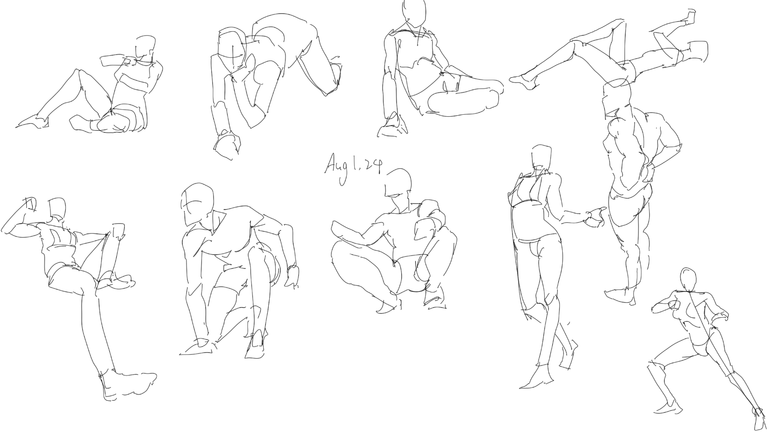 the image consists of a series of quick sketches depicting various human figures in different action poses. these appear to be practice sketches focusing on capturing gesture and movement rather than detailed anatomy. the figures are drawn with simple lines and minimal shading.