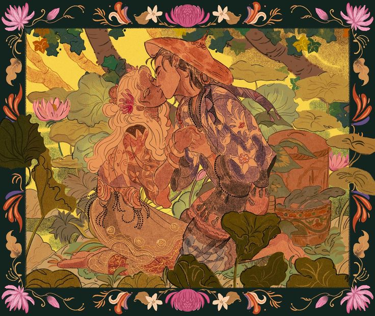 the image is a vibrant, richly detailed illustration or digital painting depicting a romantic scene. a young couple, dressed in ornate, asianinspired clothing with intricate patterns, are embracing and kissing amidst a lush garden setting.  the woman has long, flowing blonde hair, and the man wears a widebrimmed hat.  the background is filled with abundant flora, including prominent lotus flowers and various leafy plants. the artwork is framed by a decorative border with swirling floral motifs and a dark green background, enhancing its traditional or vintage aesthetic. the color palette is warm and earthy, with yellows, oranges, browns, and greens dominating, creating a sense of serenity and idyllic romance.  there's also a basketlike container visible, seemingly holding some sort of dark objects, adding depth and intriguing details to the scene. the overall style blends fantasy and realism with a focus on intricate detail and rich color.